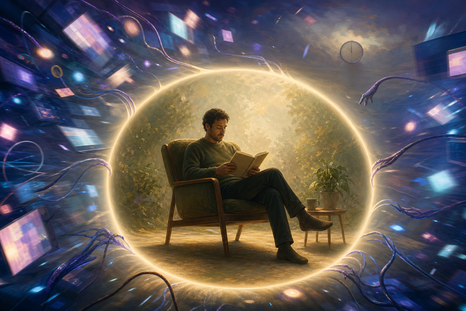 A person reads quietly inside a circle of warm light while blurred devices, cables, and pulses of light remain outside the boundary.
