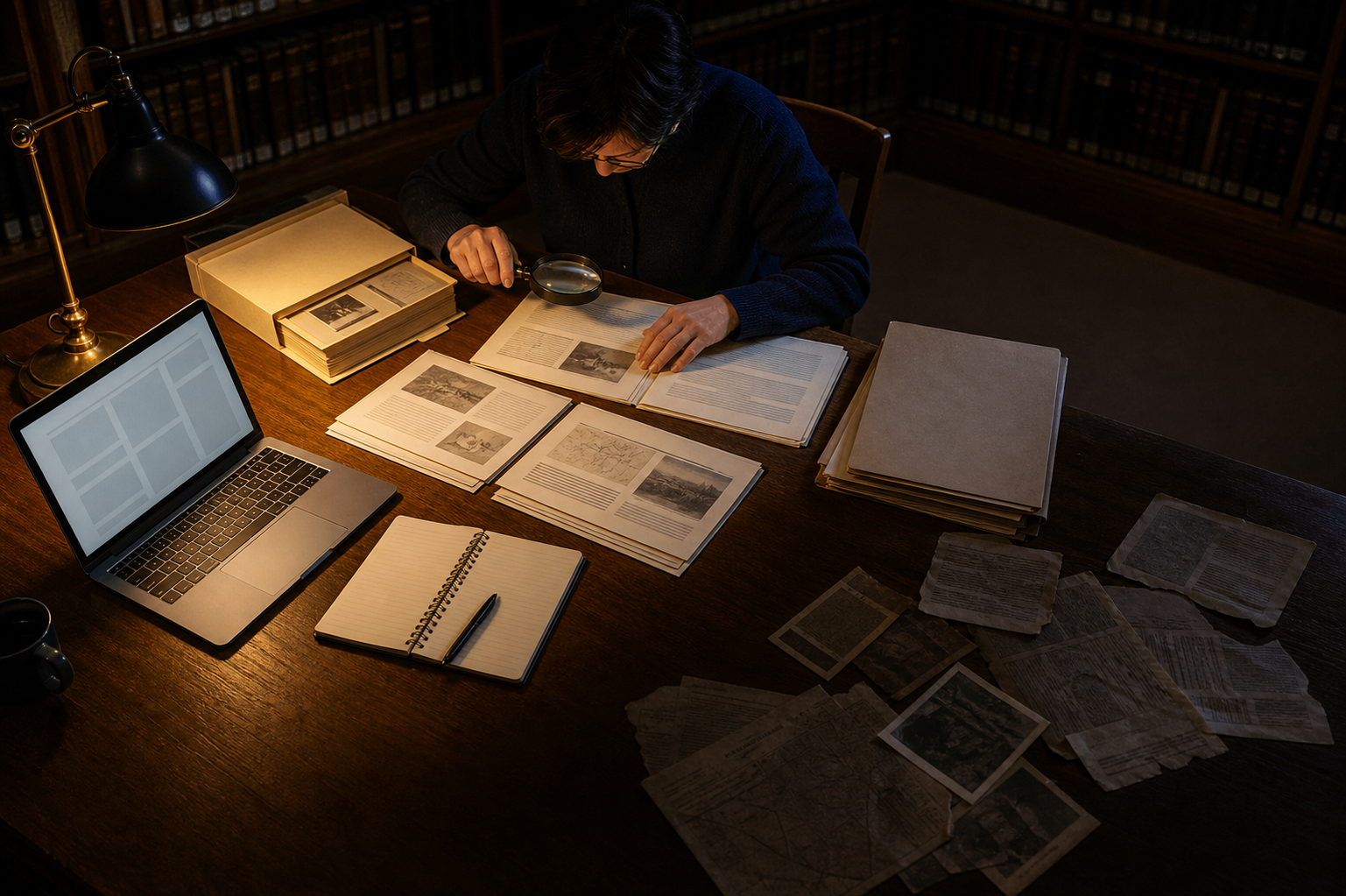 A researcher compares archival folders, public records, and digital documents at a library table under a warm lamp.