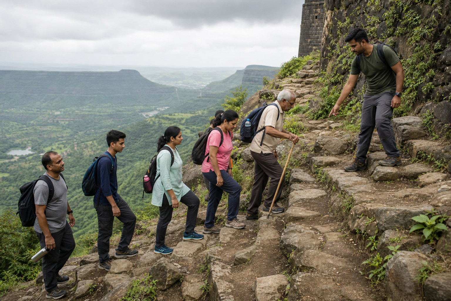 A heritage group moves carefully up uneven fort steps while leaders support older and first-time walkers and faster participants wait.
