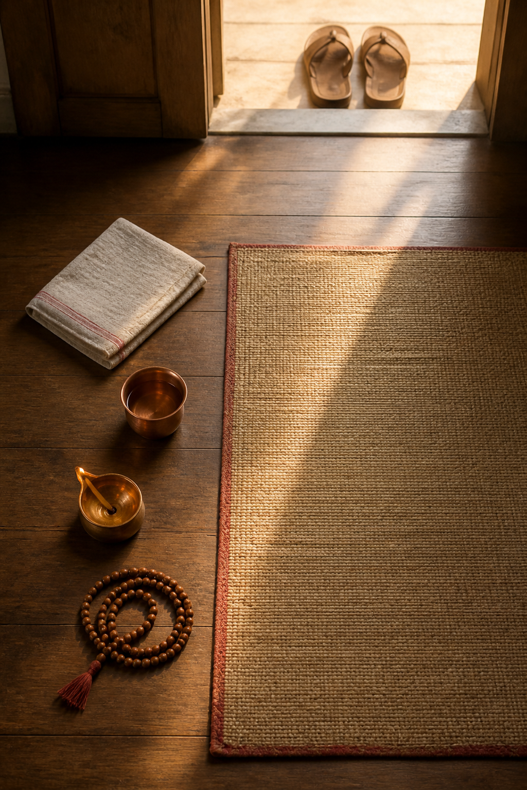 A copper water cup, oil lamp, prayer beads, meditation mat, and sandals are arranged to suggest a simple morning sequence.