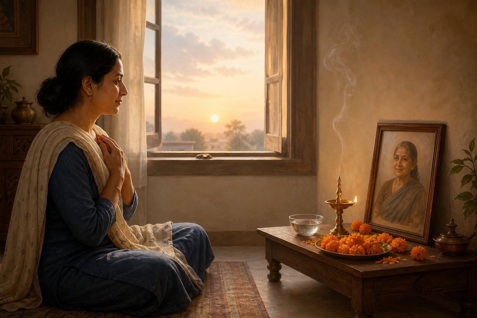 An adult sits beside a brass lamp, water bowl, flowers, and a framed family portrait as dawn light enters through an open window.