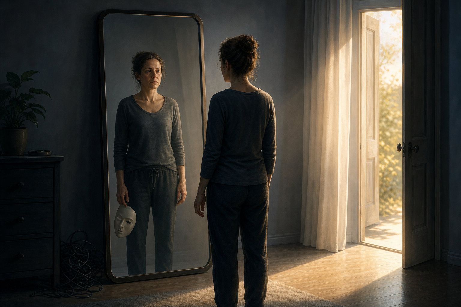 A person holds a blank mask at their side while facing their tired reflection, with morning light leading toward an open doorway.