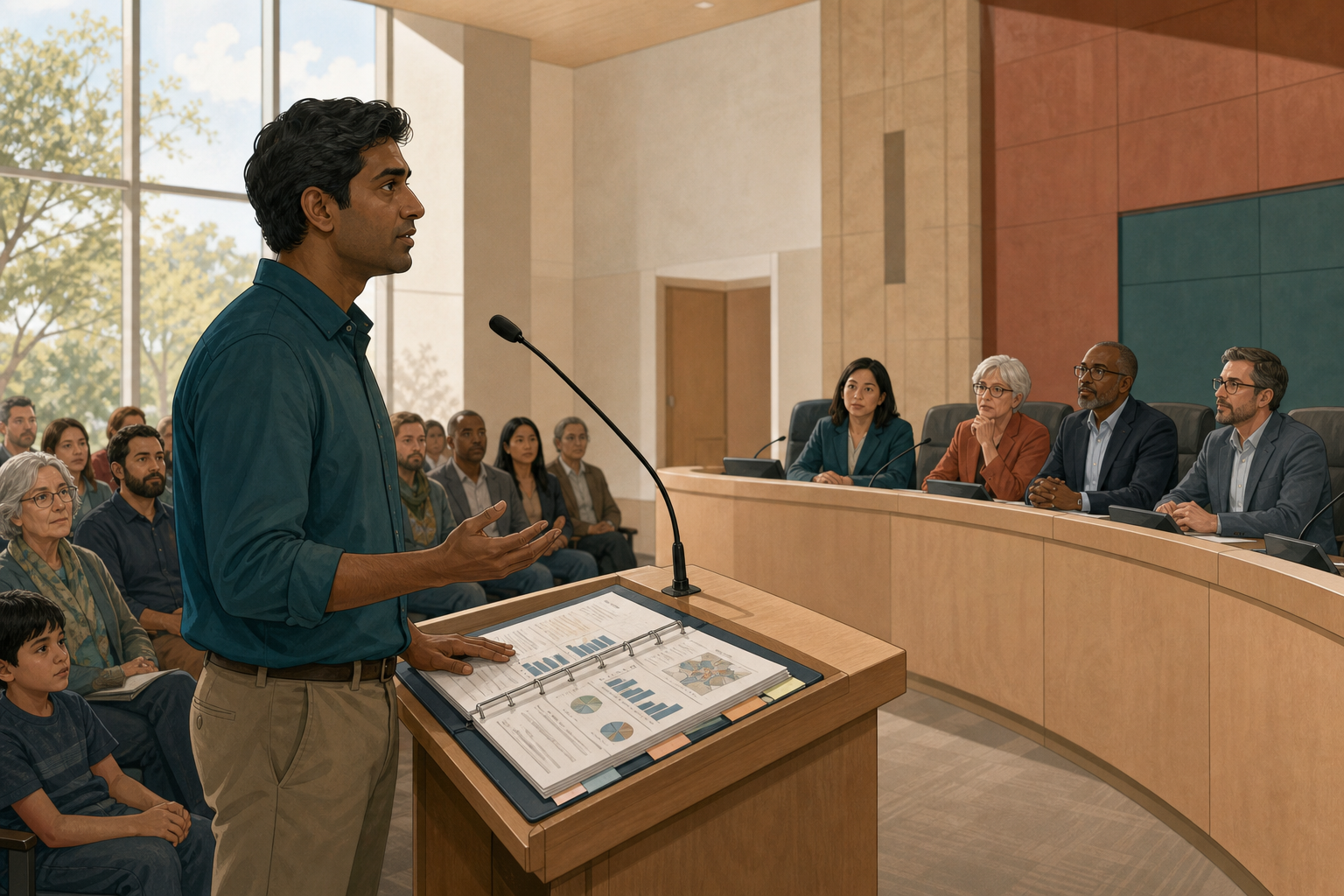 A South Asian speaker makes a calm public comment while local officials and a diverse audience listen.