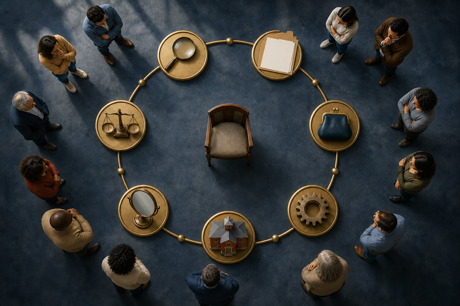 Seven brass checkpoints with evidence, governance and ethics objects form a circle around an empty civic chair as fictional citizens observe.