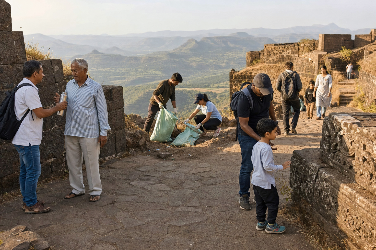 Visitors at a hill fort share water, collect litter, protect fragile masonry and yield space to another family on the path.