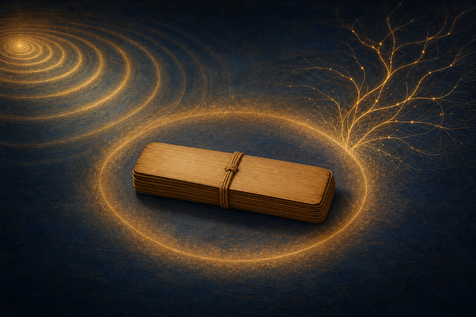 A single cord-bound palm-leaf manuscript illuminated where concentric ripples and branching golden threads converge.