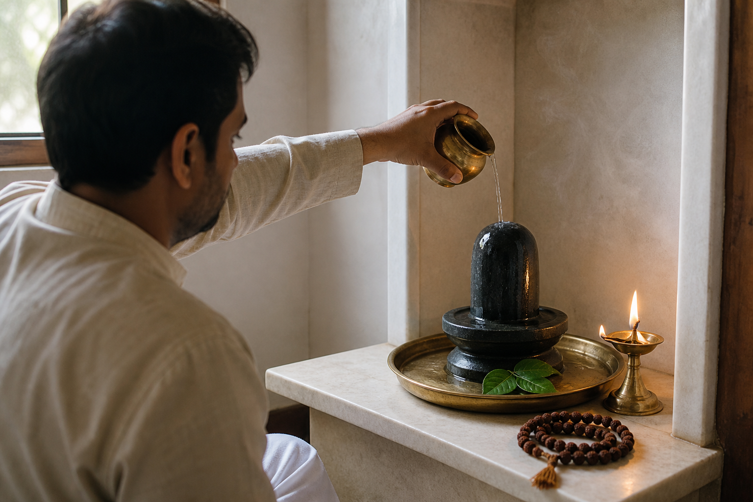 A person offers water at a simple home shrine with a Shiva linga, oil lamp, bilva leaves, and prayer beads.