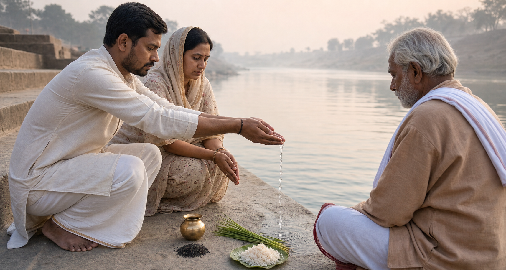 Family members perform a quiet riverside remembrance rite with water, sesame seeds, sacred grass, and simple rice offerings.