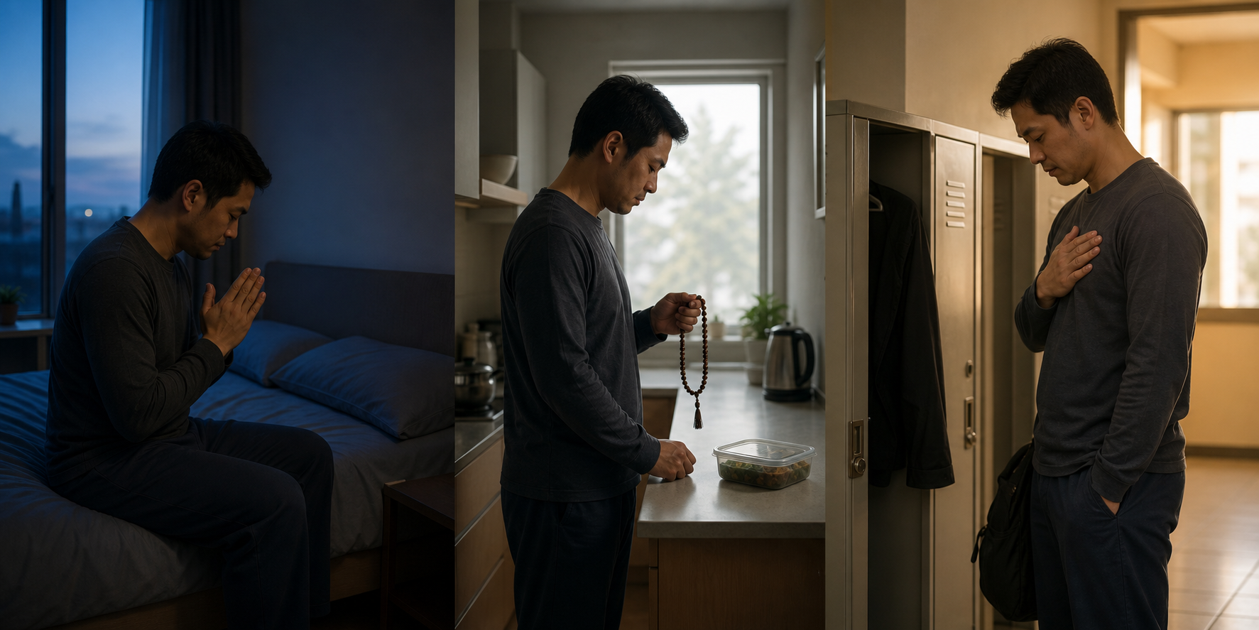 The same person practices a brief moment of prayer beside a bed, in a kitchen, and near a workplace locker.