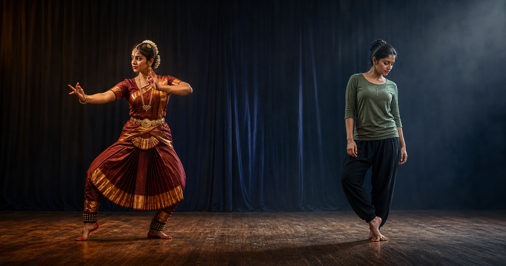 The same performer demonstrates a codified theatrical gesture under stage lighting and an understated everyday hesitation in a rehearsal setting.