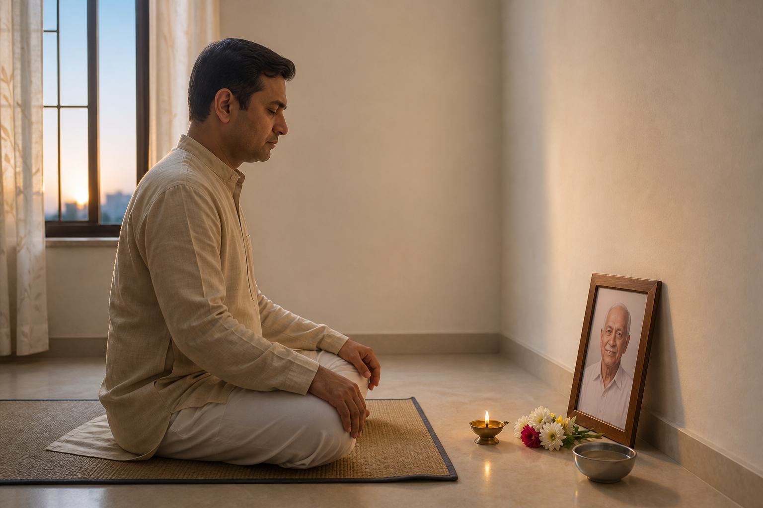 A person meditates on a woven mat before a simple home remembrance arrangement with a lamp, water, flowers, and a family portrait.