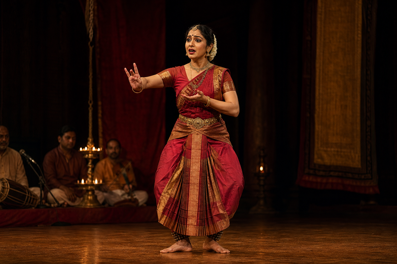 A classical dance-drama performer combines expressive movement, facial emotion, costume, and vocal delivery while musicians sit nearby.