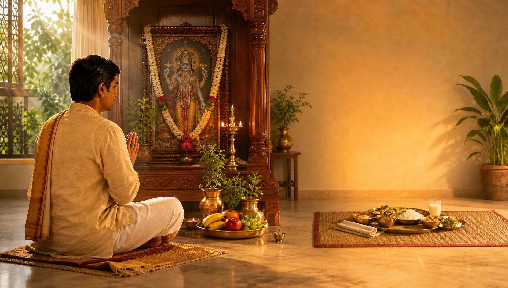 A devotee prays at a home Vishnu shrine with an oil lamp, tulsi leaves, water, fruit, and a simple meal nearby in warm afternoon light.
