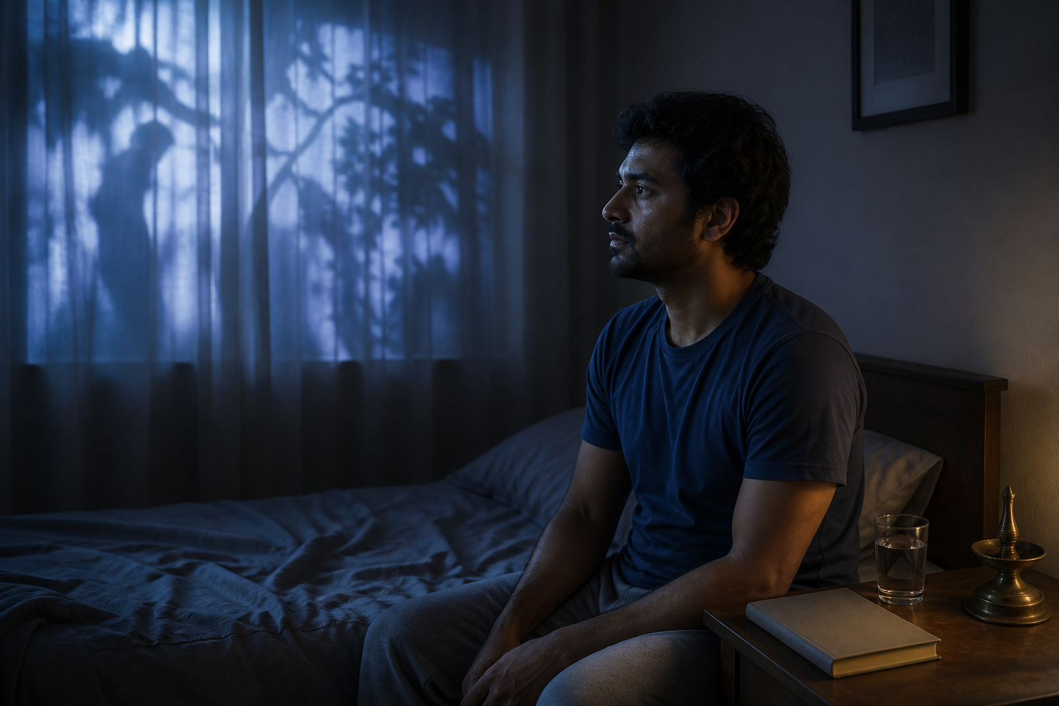 A person sits thoughtfully on the edge of a bed before dawn while curtains and tree shadows form an ambiguous pattern behind them.