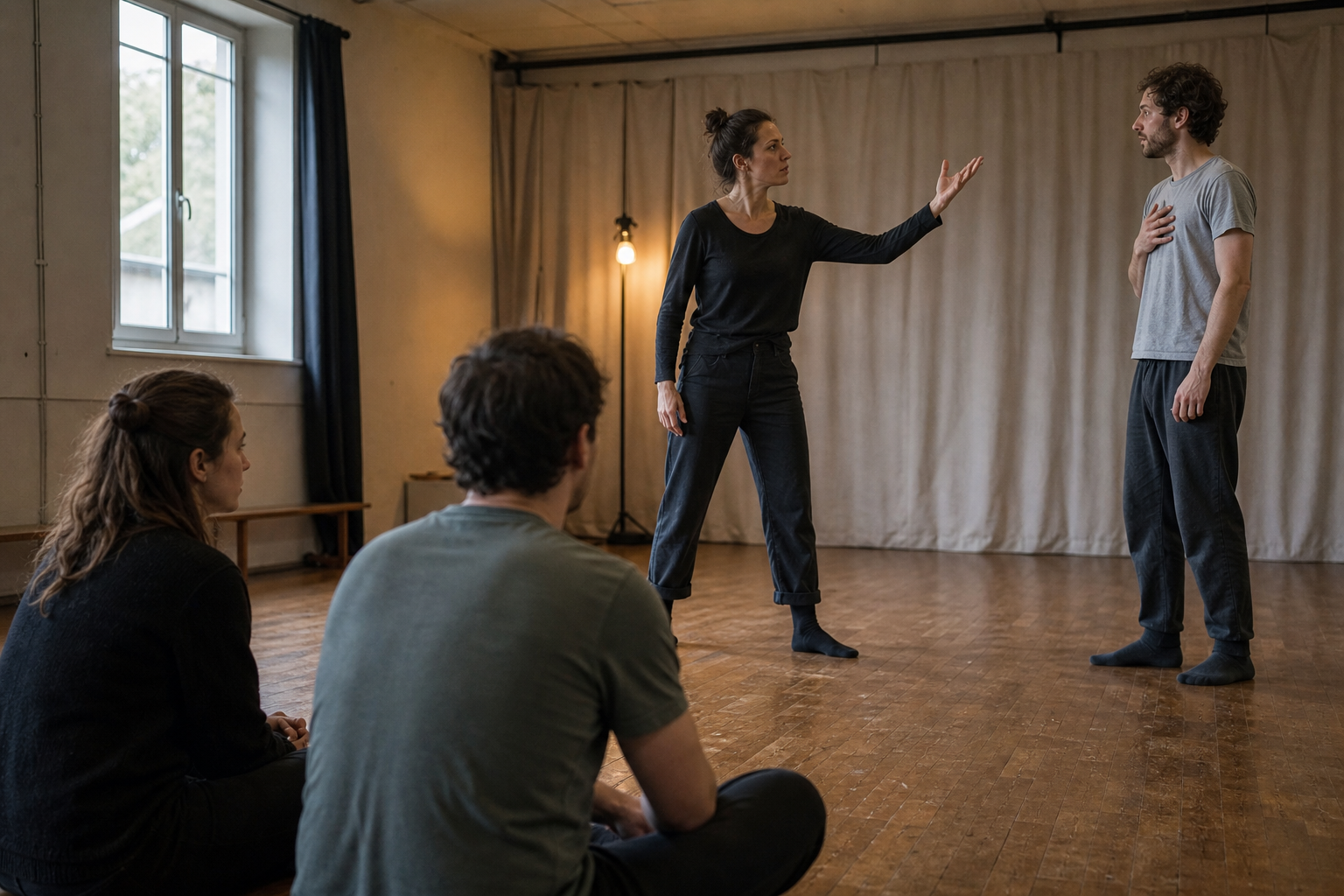 Two observers watch a rehearsal in which one performer uses a formal gesture and another responds with a subtle natural pause.