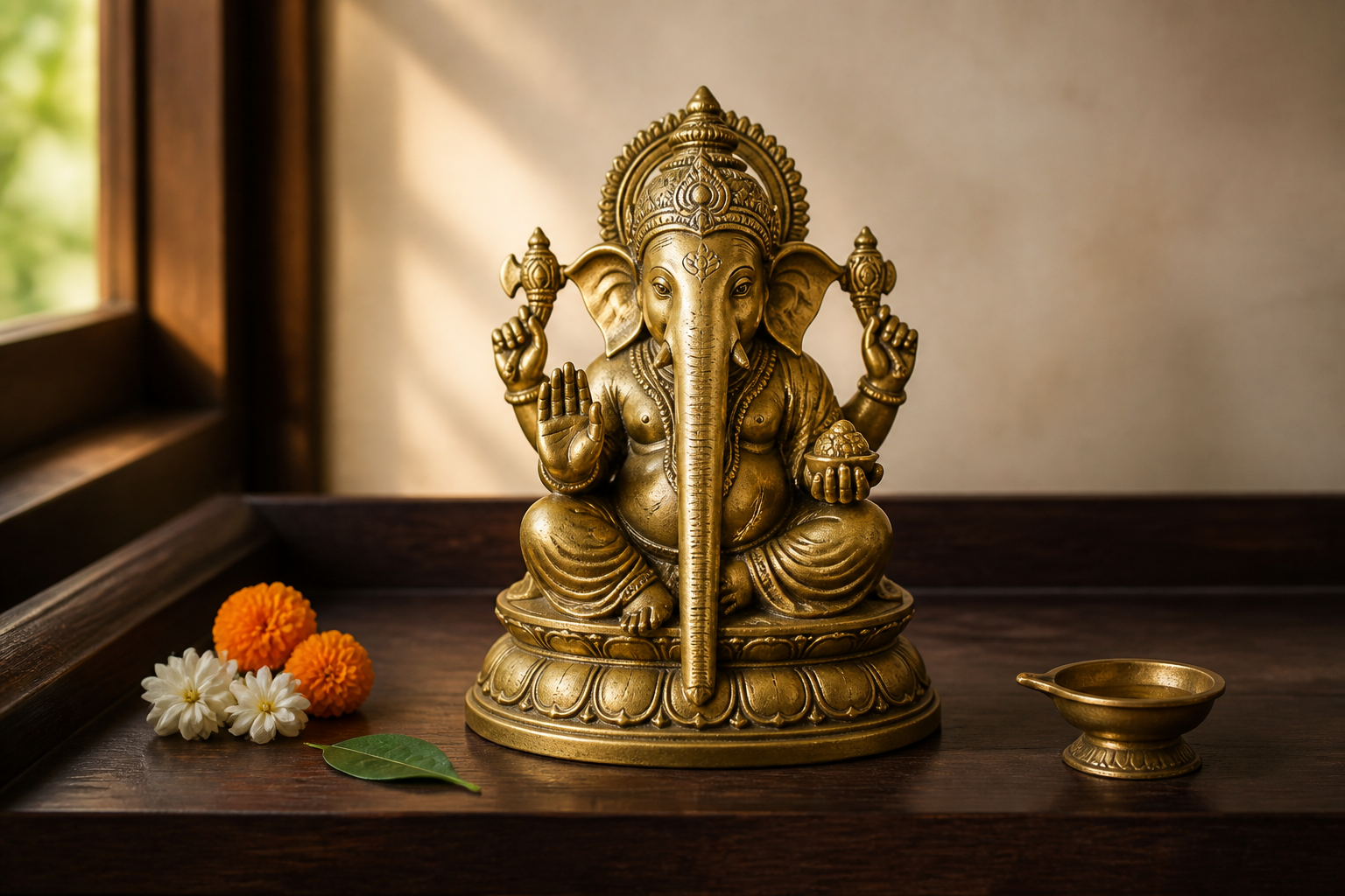 Brass Ganesha murti with a straight downward trunk on a wooden home altar with flowers and a small diya.