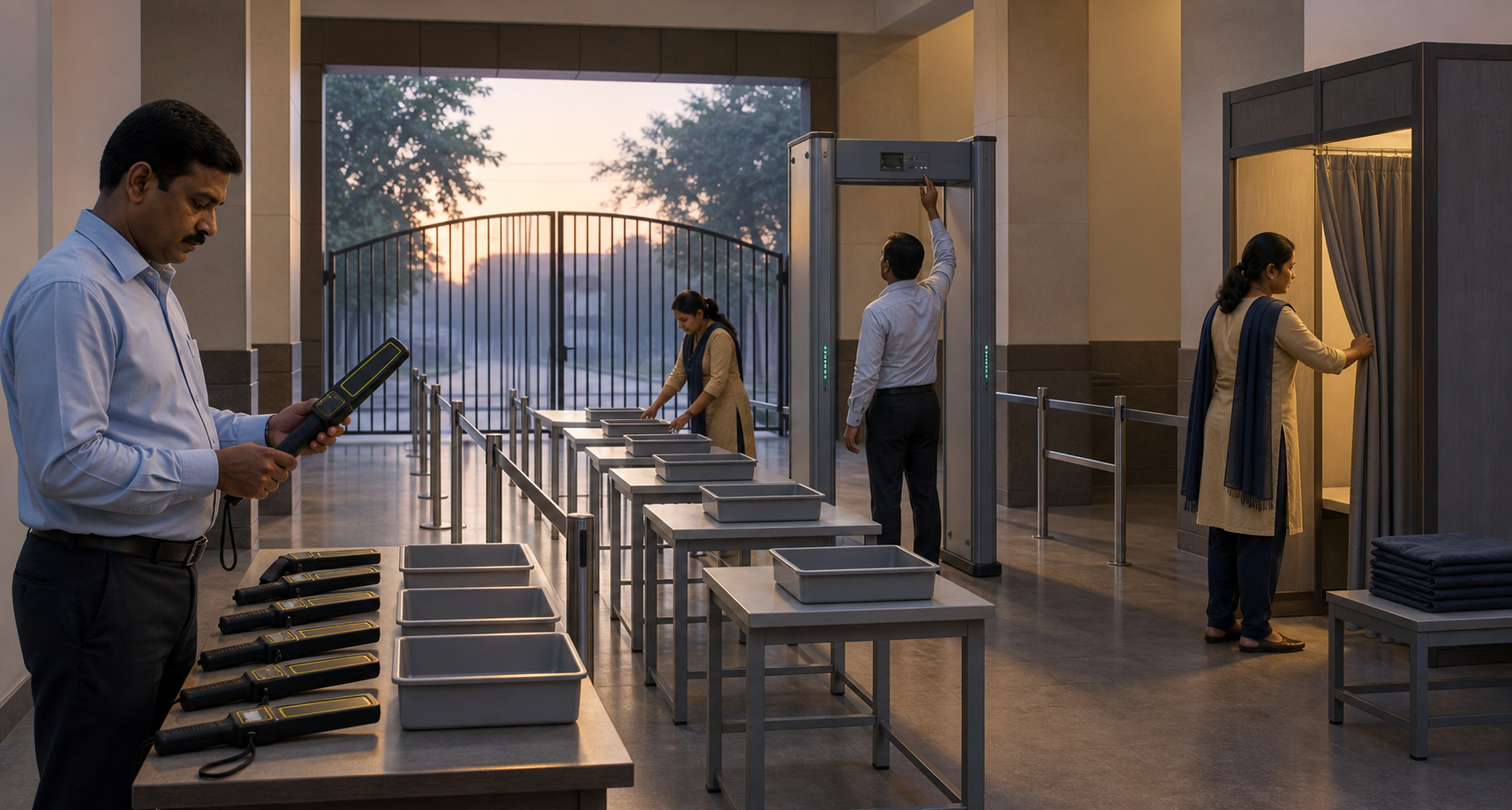 Examination staff test scanners and prepare identical screening stations and a private booth before the entrance gate opens.