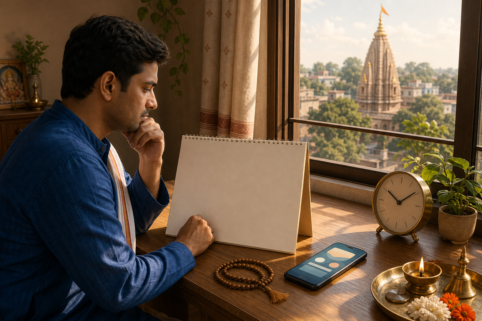 A devotee sits near a clock, prayer beads, a blank calendar, and a phone while a neighborhood temple is visible through the window.