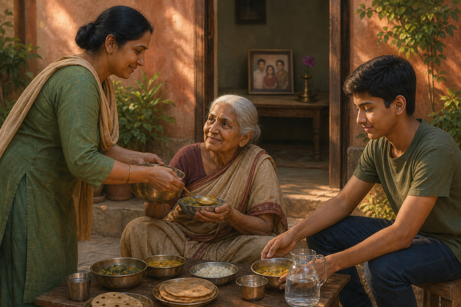 An adult and teenager serve a meal and water to an elderly neighbor in a sunlit courtyard, with a family portrait visible inside the home.