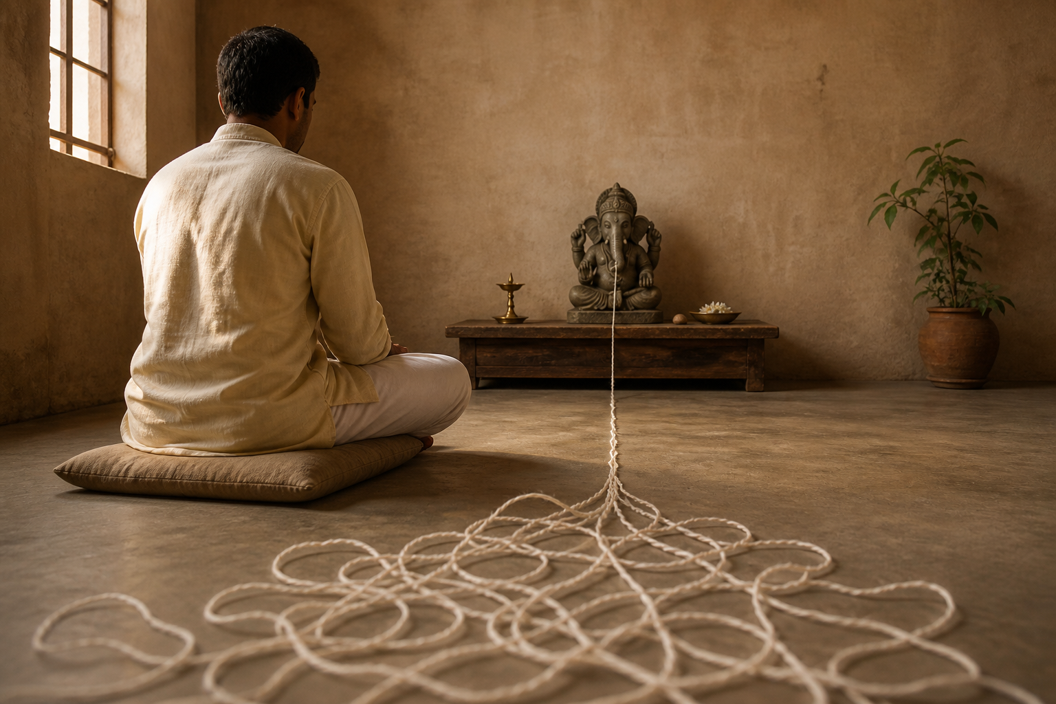 A person meditates before a straight-trunk Ganesha murti as tangled threads on the floor resolve into a single straight strand.
