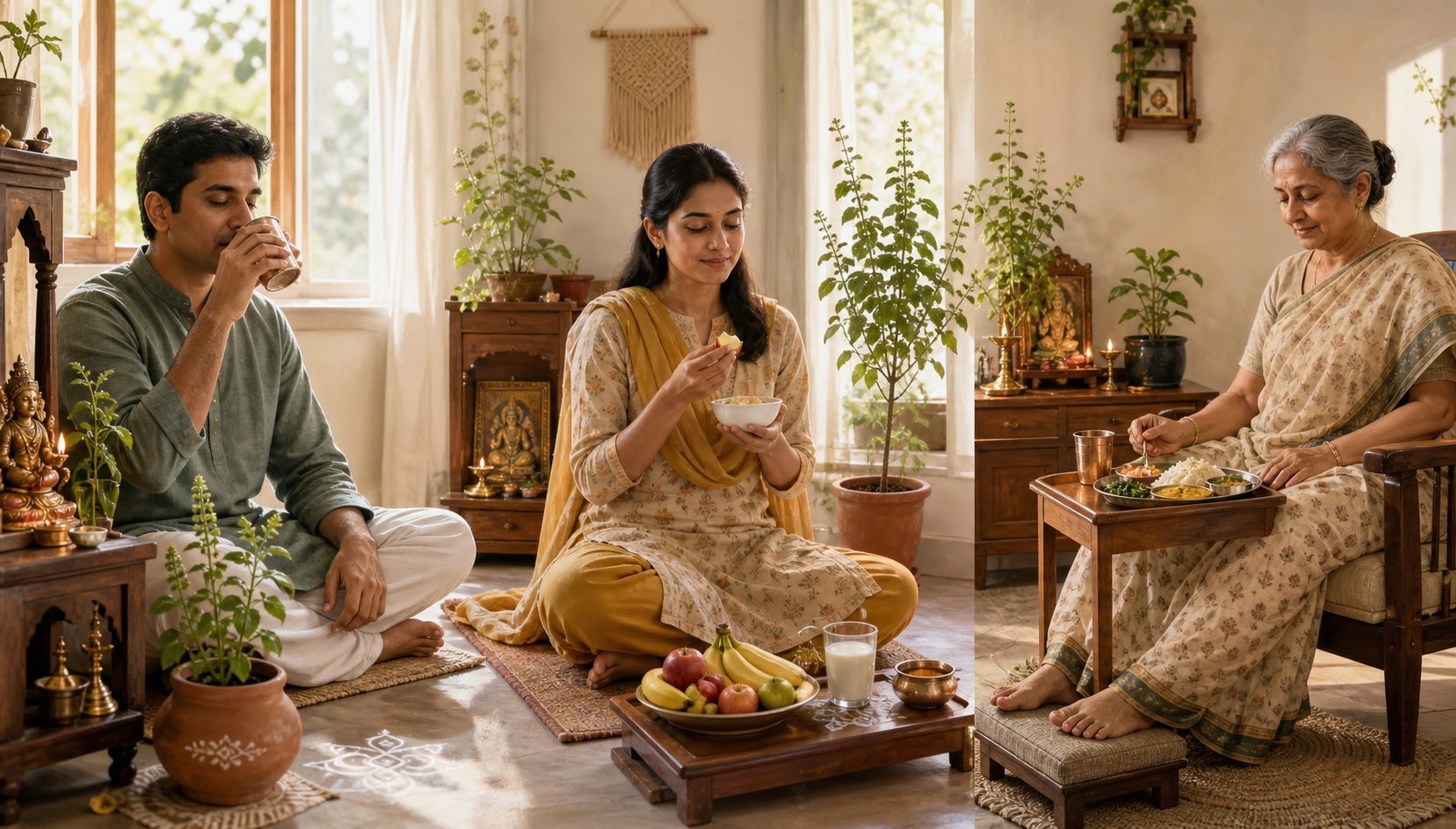 Three devotees observe the vrata in different ways, with water, fruit and milk, or a simple nourishing meal beside their prayer spaces.
