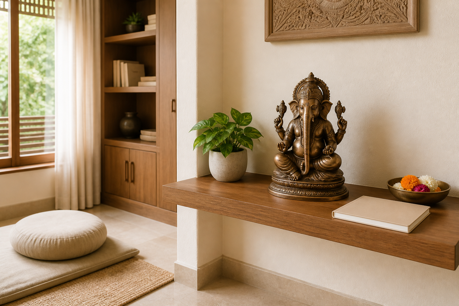 A straight-trunk Ganesha murti rests on an elevated wooden shelf in a clean study and meditation corner.