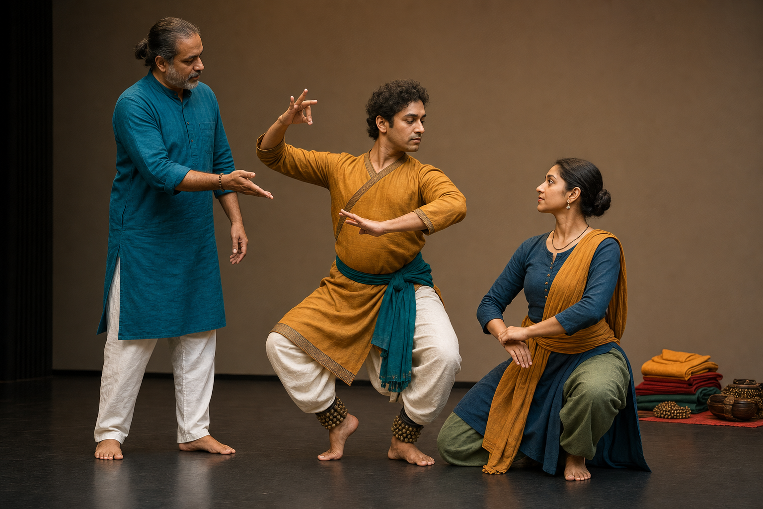 A teacher guides two performers as they rehearse the timing between a codified pose and a restrained natural response.