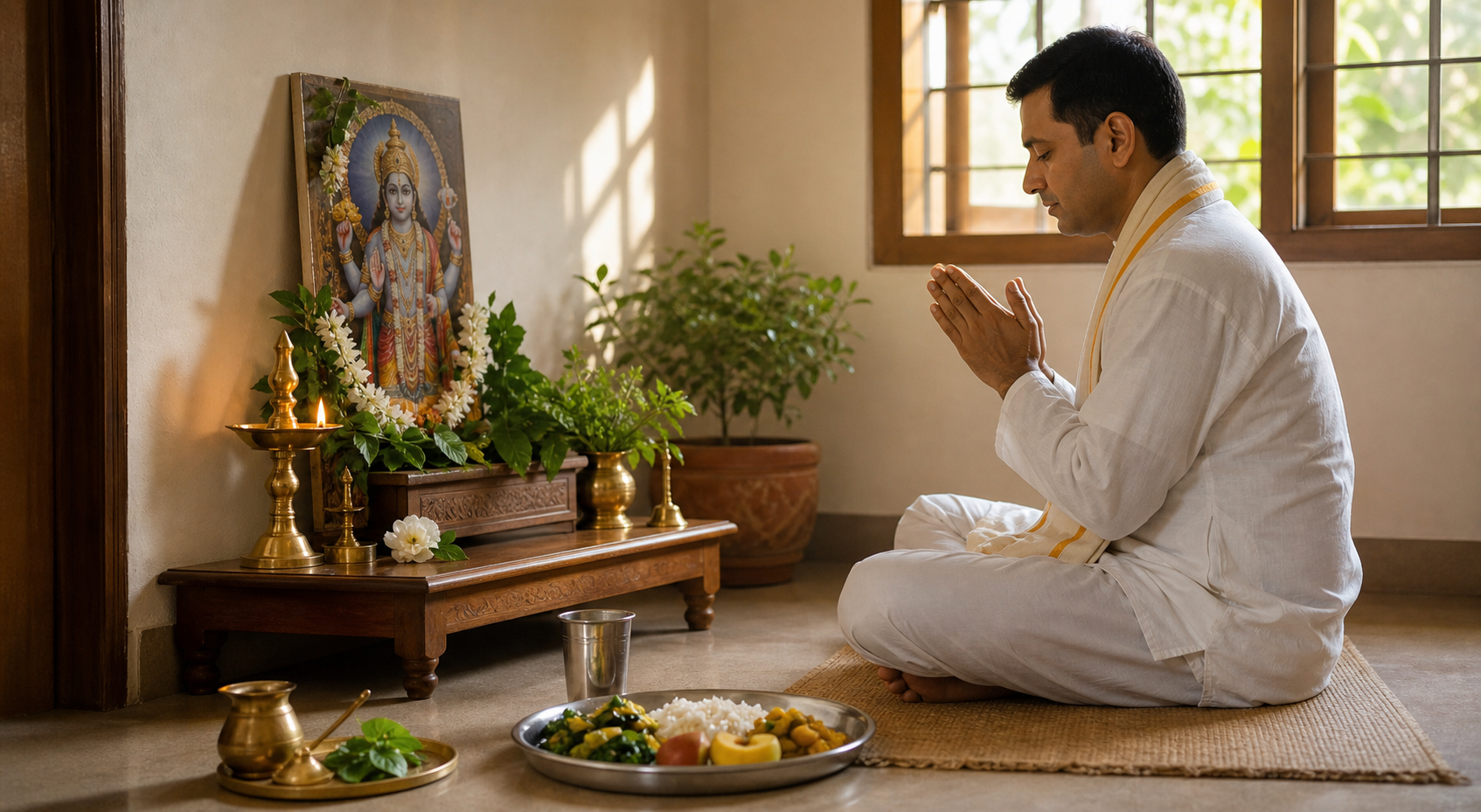 A devotee offers water, tulsi leaves, and a simple sattvic meal at a Vishnu shrine before breaking the fast on Dwadashi morning.