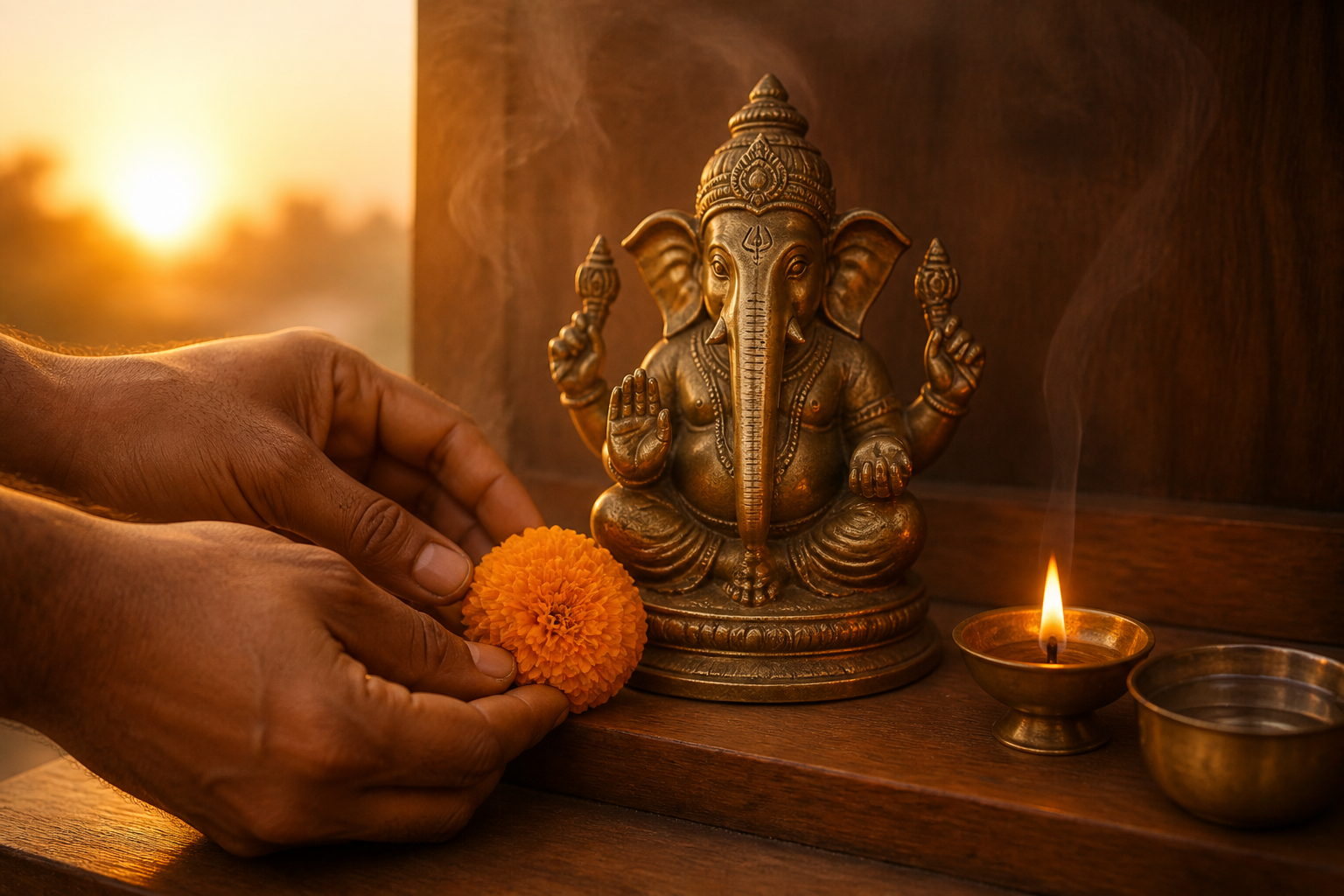 Hands place a marigold beside a brass straight-trunk Ganesha murti during a simple morning practice.
