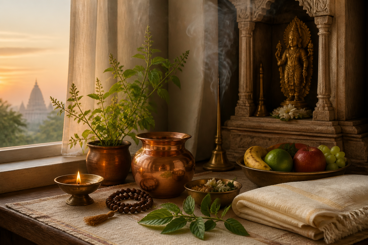 A brass lamp, tulsi sprigs, water vessel, prayer beads, fruit, and folded cloth are arranged beside a home shrine in early morning light.