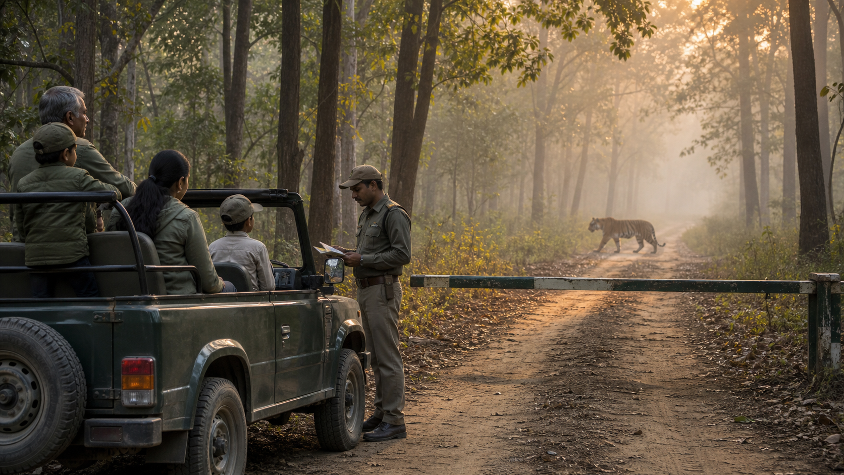 A safari jeep with an Indian family waits at a forest entry barrier while a Bengal tiger crosses a distant track among sal trees.