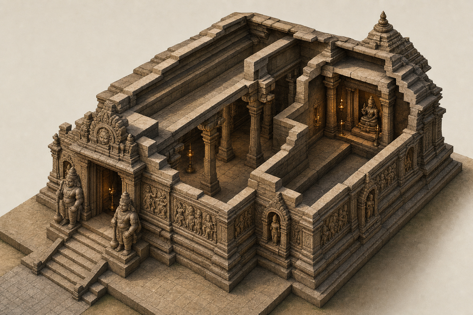 Cutaway view of a Hindu temple showing sculpted gateways, exterior niches, a pillared hall, a circumambulatory passage, and an inner sanctum.