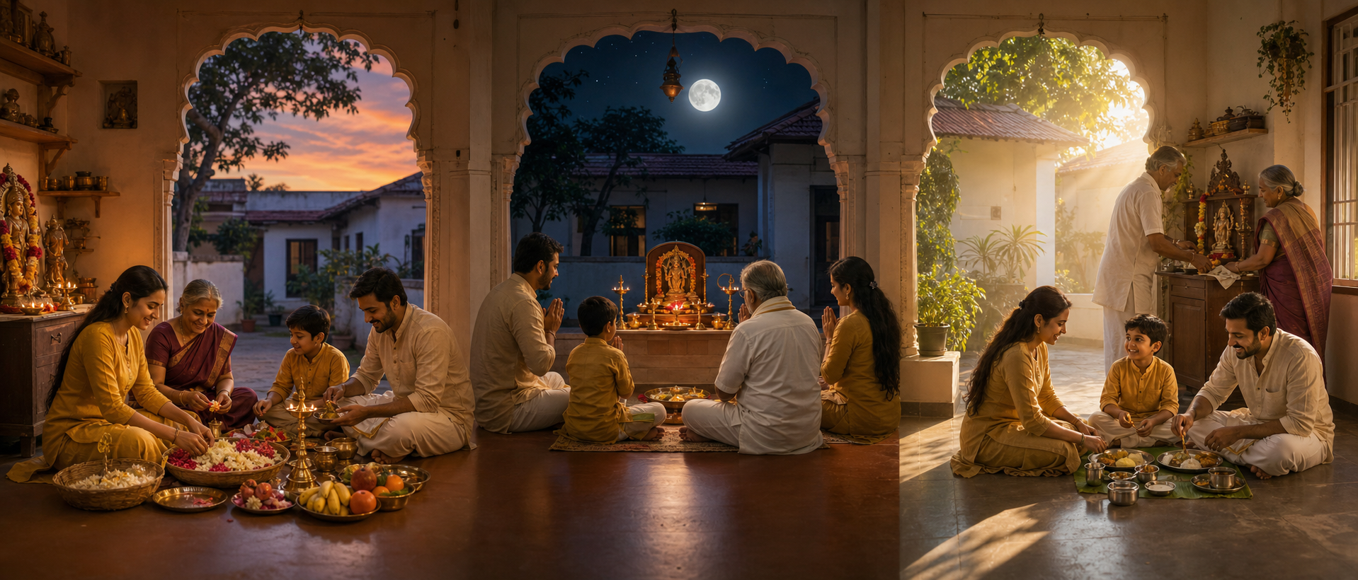 A family prepares a home altar at dusk, prays by moonlight and shares a simple meal the next morning in one continuous scene.