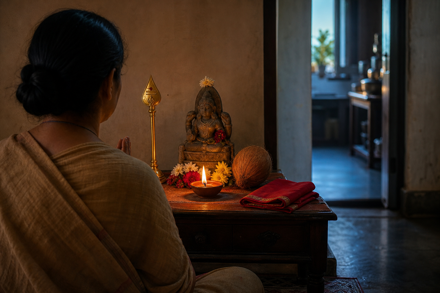 A devotee sits before a home shrine with a brass Vel, stone murti, oil lamp, coconut, flowers, and folded red cloth at dawn.
