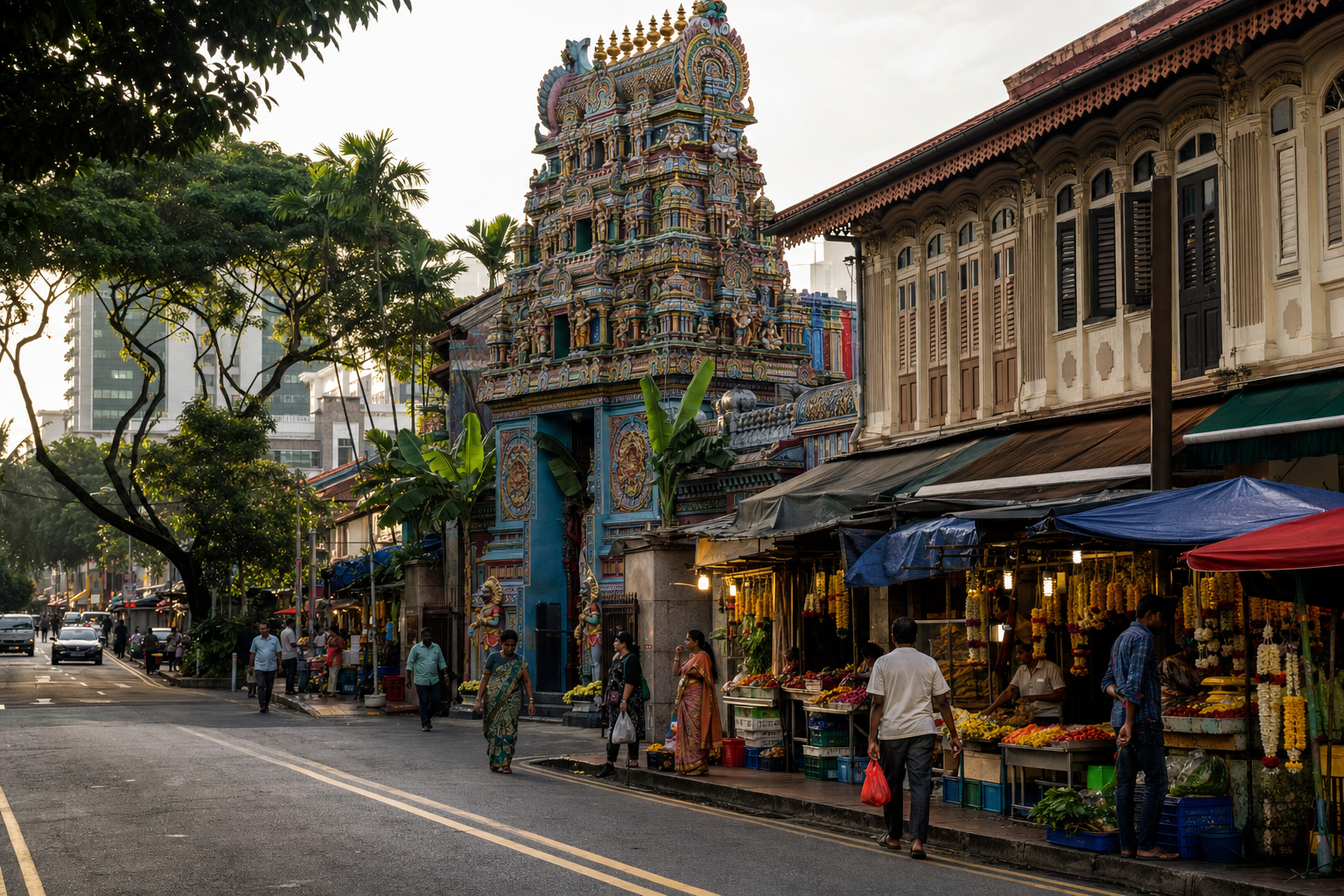 Morning street scene in Singapore's Little India with a South Indian temple gateway, colourful shophouses, market stalls and pedestrians.