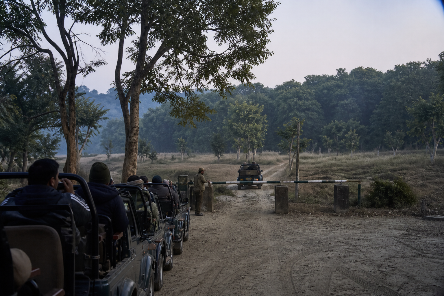 One safari jeep enters through a narrow forest gate while other jeeps wait in an orderly queue.