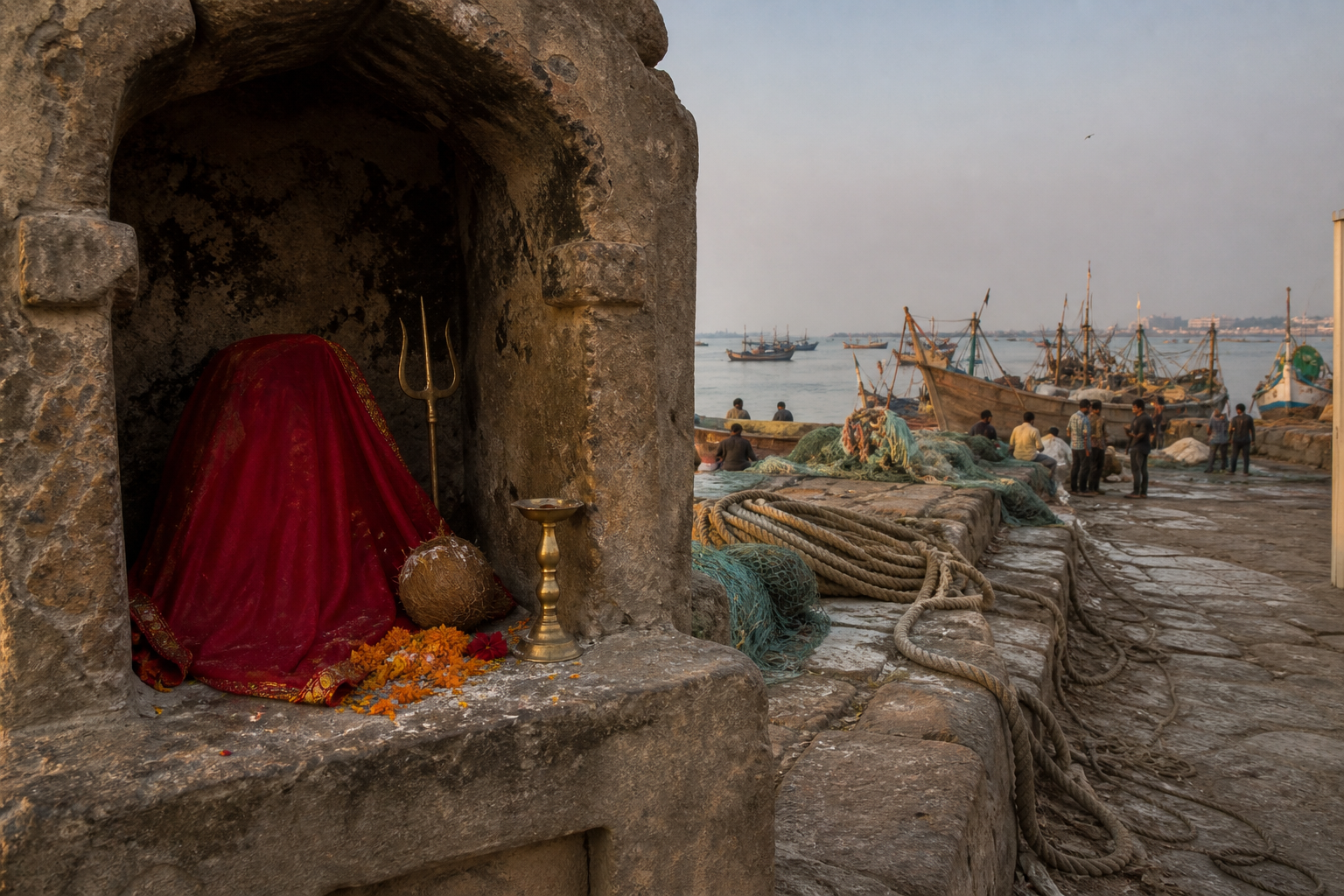 A small red-draped coastal shrine with marigolds and a brass lamp overlooks fishing boats and workers in a Gujarat harbor at dawn.