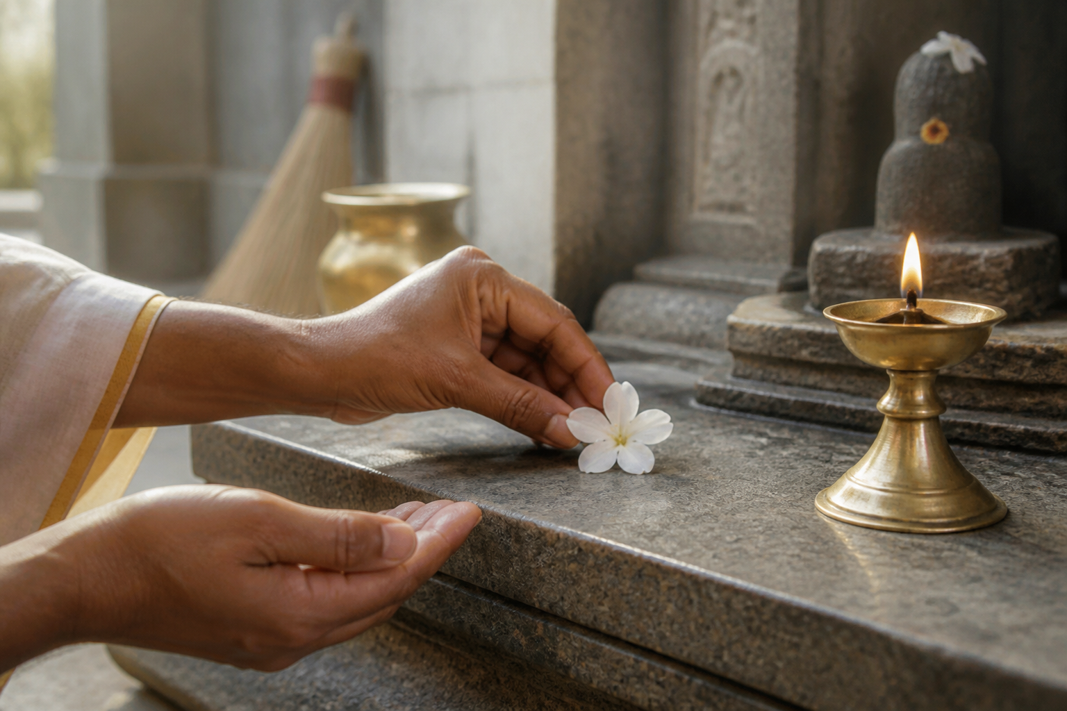 Open hands place a flower beside a lit brass lamp, with a sacred form and household tools visible in the background.