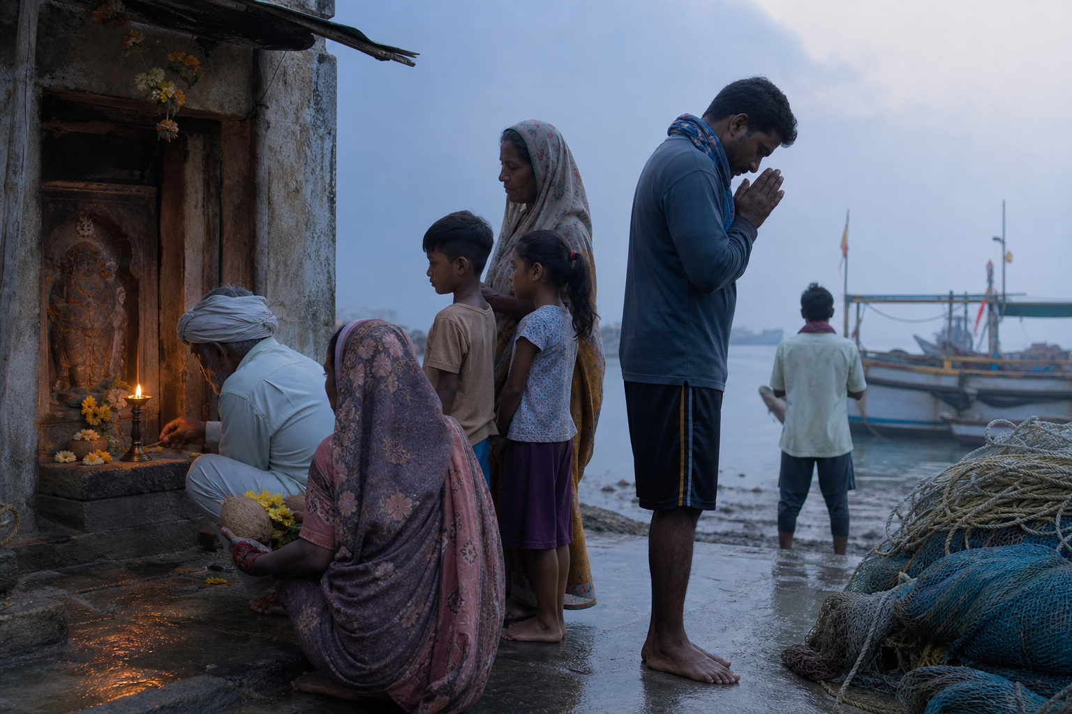 A coastal family and two sailors pray with a lamp, coconut, and flowers beside a fishing boat before departure.