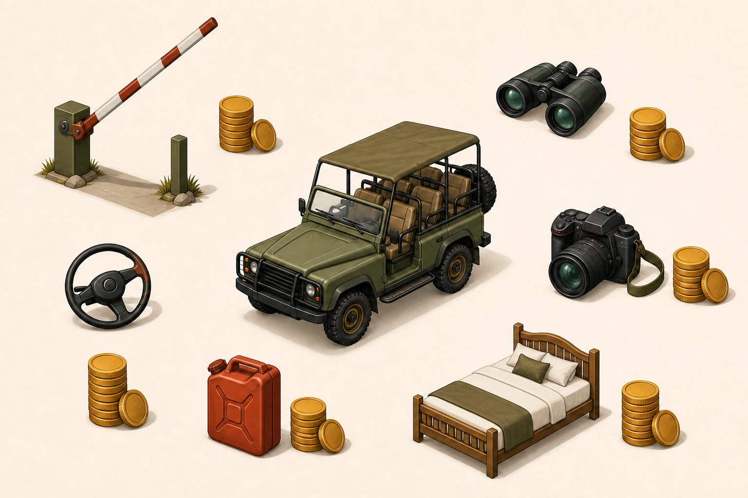 An illustrated safari jeep is surrounded by objects representing forest entry, guiding, transport, photography, accommodation, and separate charges.