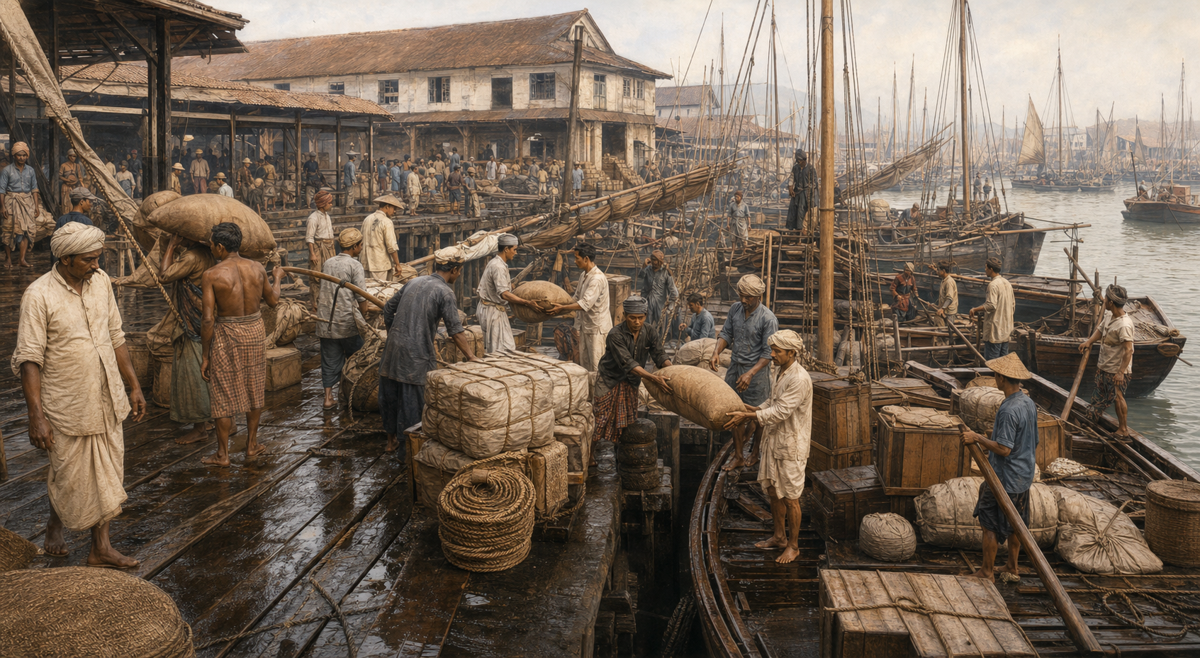 Historical illustration of South Asian merchants and labourers unloading cargo with other port communities at nineteenth-century Singapore's waterfront.