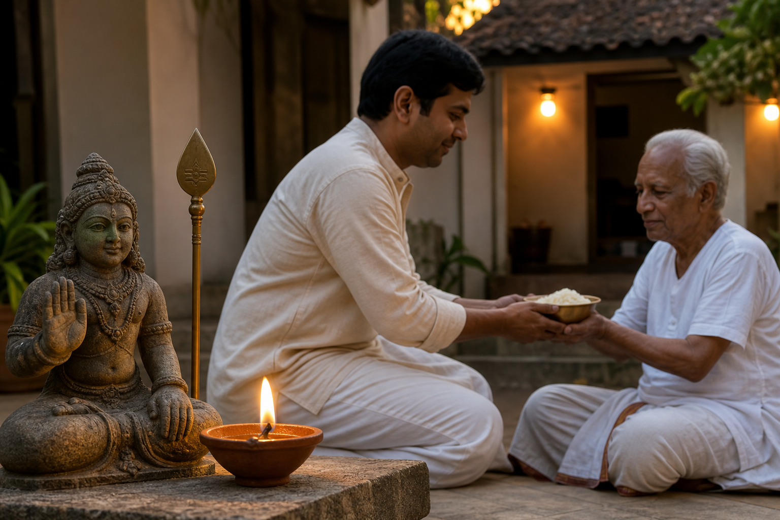 A stone murti and brass Vel stand in the foreground while a devotee offers a bowl of food to an elderly person in the background.