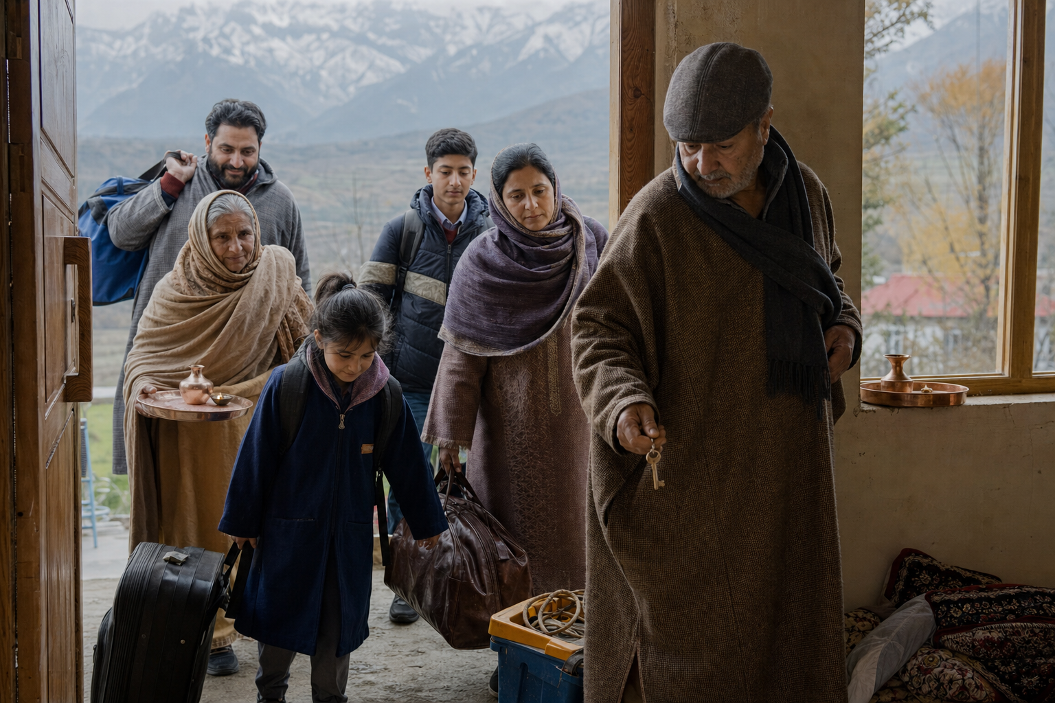 A multigenerational Kashmiri Hindu family carries suitcases, school bags, and work equipment into a modest home overlooking chinar trees and distant mountains.
