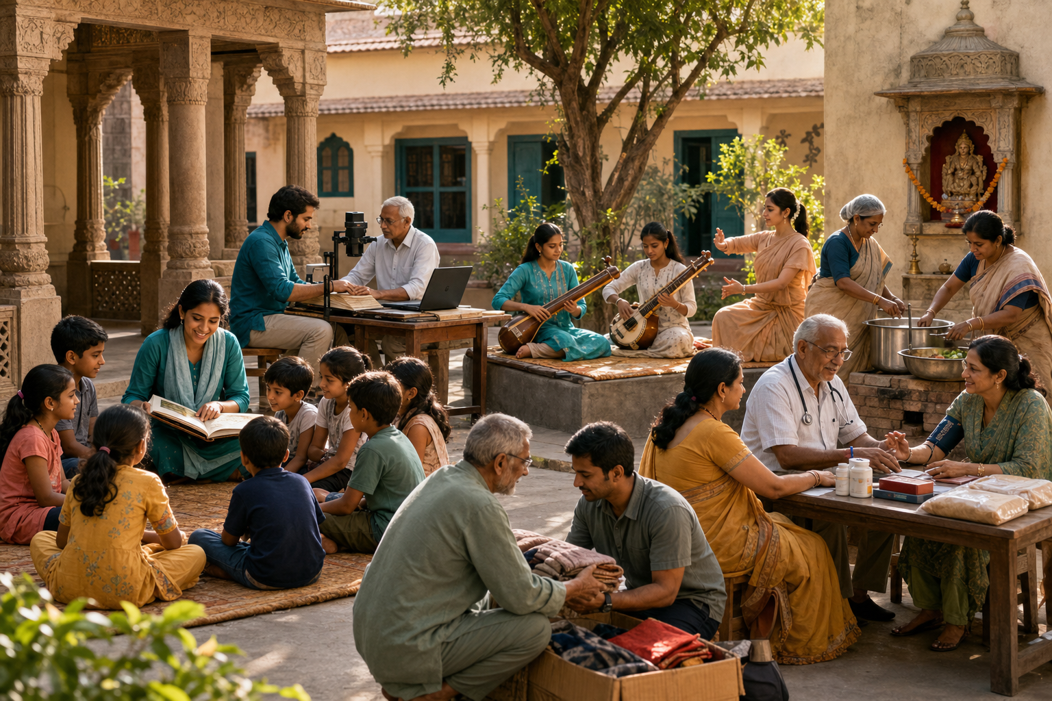 Children, elders, volunteers, and professionals study, preserve manuscripts, prepare food, and provide community services in a traditional Indian courtyard.