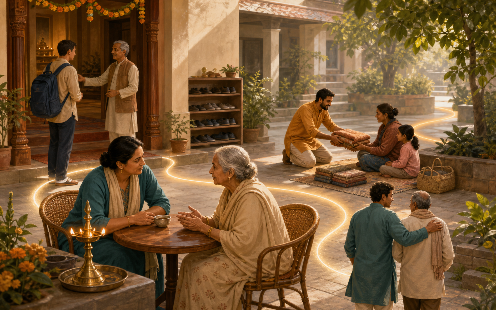 A care coordinator listens to an elderly devotee in a Dharmic institution courtyard while volunteers welcome a newcomer and assist a family nearby.