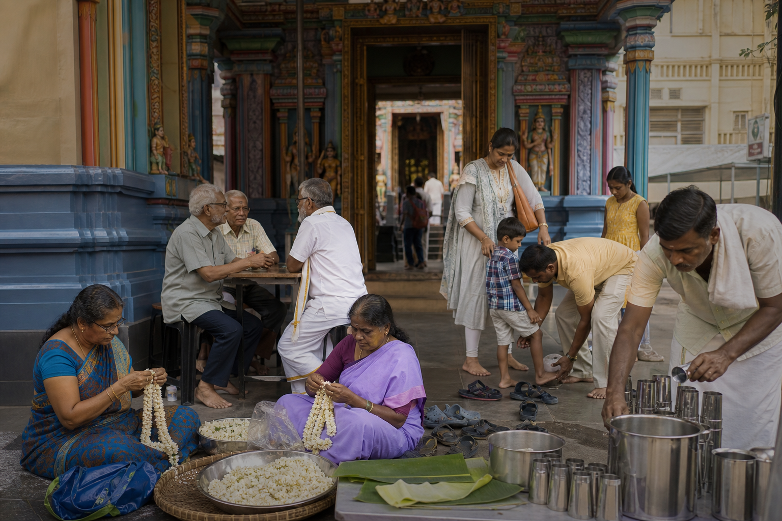 Temple courtyard with volunteers preparing garlands and meal vessels as families and elders gather near an ornate gateway.