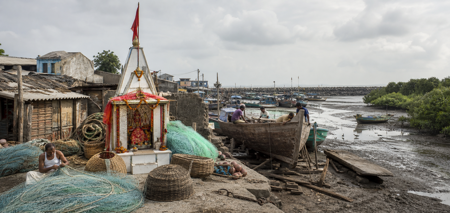 A modest Shakti shrine stands beside fishers, nets, wooden boats, and repair work along a tidal Gujarat harbor.