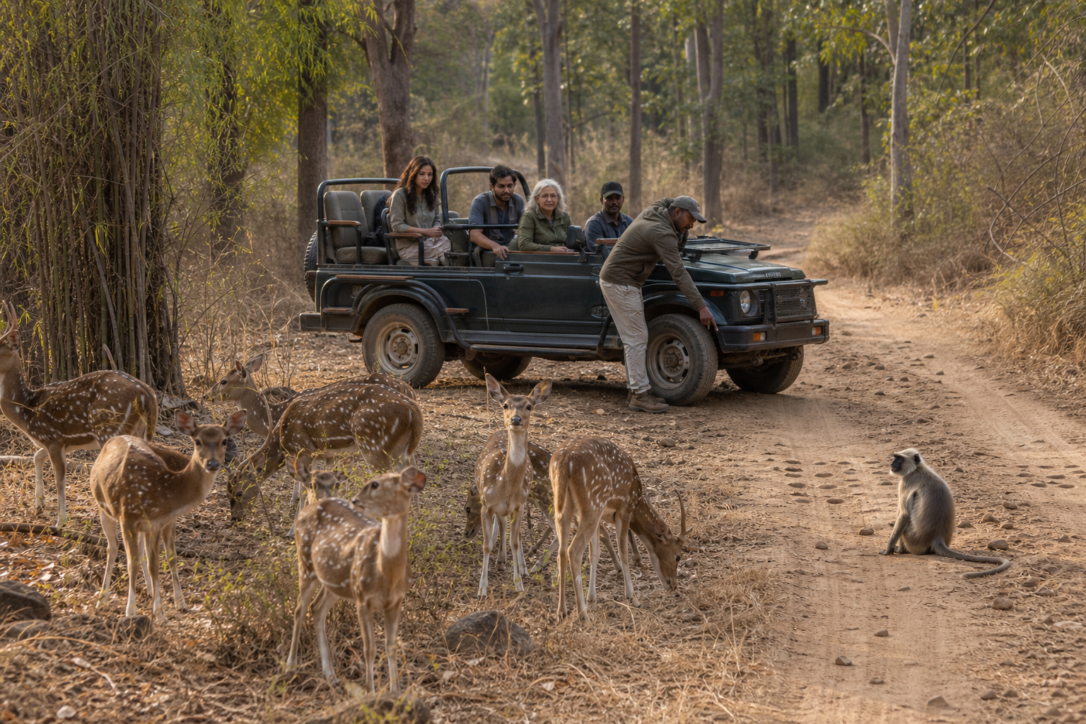Safari visitors observe chital deer and a gray langur in a forest clearing while their guide examines tracks on the road.
