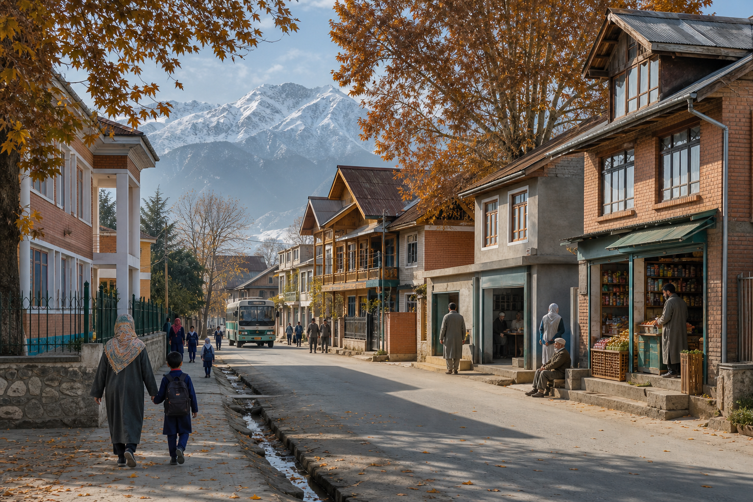 A parent and child walk toward a school in a Kashmiri neighborhood with homes, a clinic, shops, public transport, and a workplace nearby.