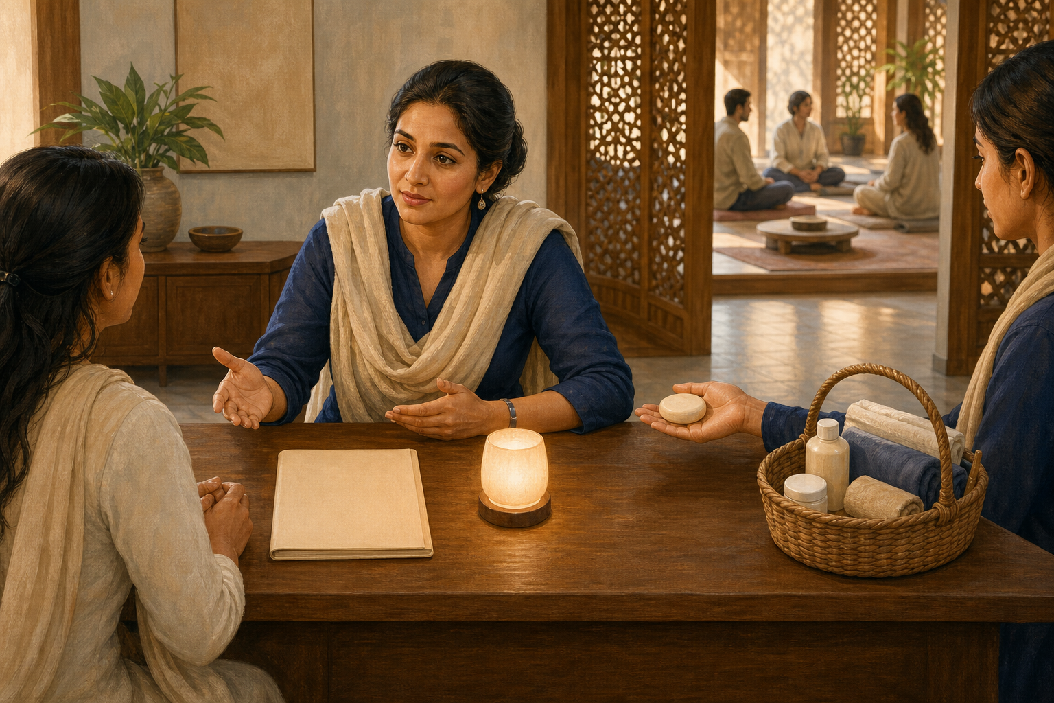 A care coordinator oversees a sequence of concern intake, assessment, volunteer assignment, and follow-up represented by objects on a wooden table.